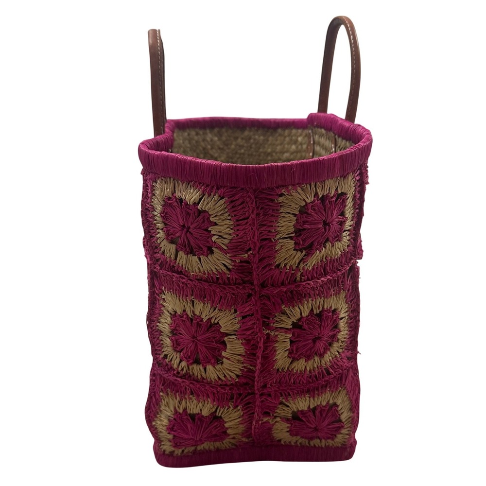 Le Comptoir de la Plage Pink Raffia Floral Crochet Leather Handle Tote Bag L - Picture 3 of 10